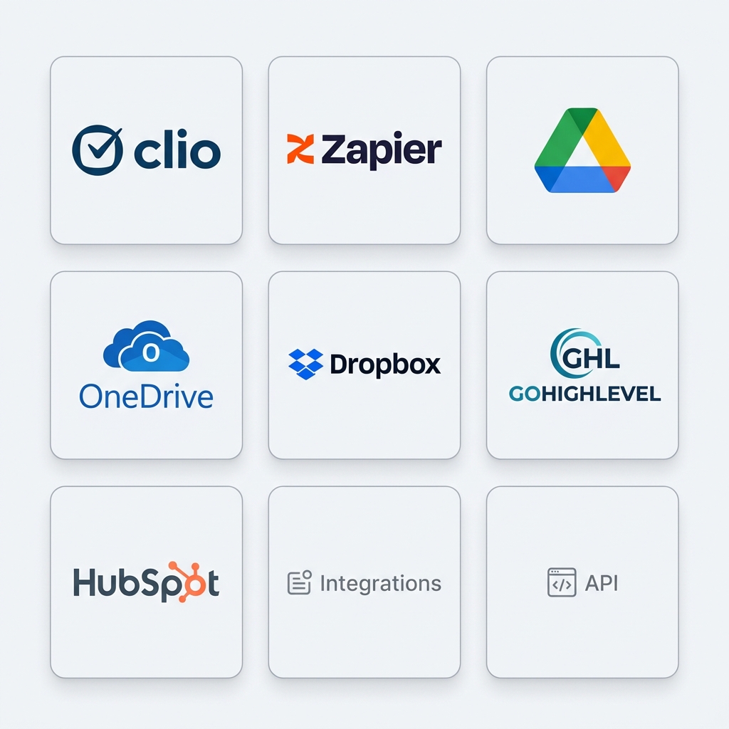 Zapier, GDrive, OneDrive, Clio, HubSpot Integrations